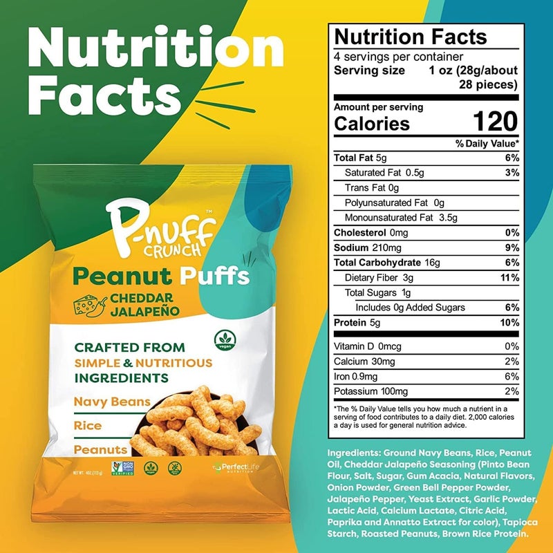 Pnuff P-nuff Crunch Peanut Puffs Savory Variety Pack - Healthy Snacks, Keto, Gluten Free, 20g Vegan Protein per Bag, 4oz Bag, 6-Pack - Image 3